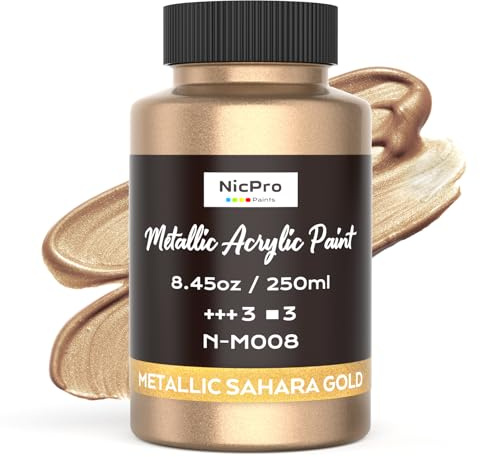 Nicpro Metallic Sahara Gold Acrylic Paint, 8.45oz/250ml Large Gold Leaf Paint, Non Toxic, Non Fading Gold Paints for Metal, Wood, Craft, Clay, Fabric, Canvas, Furniture, Handcrafts, Art Supplies