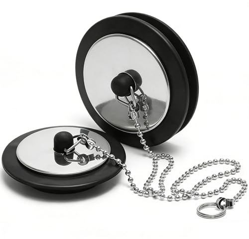 2 Stück Badewannenstöpsel Abflussstopfen, Waschbeckenstöpsel Gummi mit 40cm Kette, Ø 40-45mm Stöpsel Badewanne Schwarz Stöpsel für Spülbecken für Küchenspüle Badewanne Bad