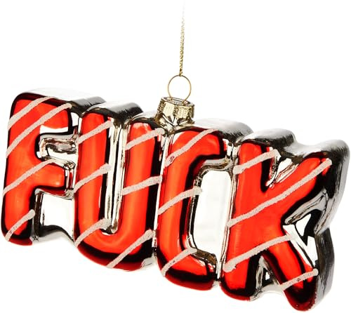 BRUBAKER Fuck Schriftzug Rot Weiß - Handbemalte Weihnachtskugel aus Glas - Mundgeblasene Christbaumschmuck Figur im Weihnachtsdesign - lustig Deko Anhänger Baumkugel - 15 cm