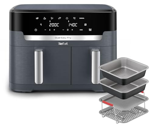Tefal Easy Fry XXL Dual Zone Digital Air Fryer, 2 Drawers, 11L, Java Grey - EY942BG0 + Tefal Air Fryer Accessory Set, 4 Piece, J701S444 - Black