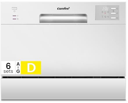 COMFEE' CDWMT0602EWD-EU Lavavajillas Compacto, 6 Cubiertos,6 Programas | Ciclo Intensivo 70°C, Inicio Diferido 24H, Apertura Automática, 47dB Silencioso, Clase D, Pantalla LED, Blanco