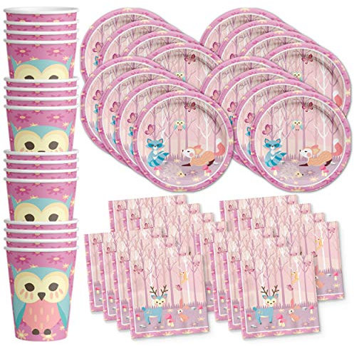Girl Woodland Animals Pink Birthday Party Supplies Set Plates Napkins Cups Tableware Kit for 16