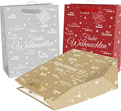 HEKU 24 XL-Geschenktaschen, 33x26x13cm I Merry X-Mas Glitzer-Design I Drei Farben (rot, gold, silber) I Inklusive Klappkärtchen I Hochwertiges Papier I Ideal für große Weihnachtsgeschenke