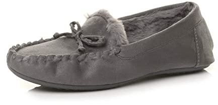 AJVANI Fur Lined Flexible Sole Boat Shoes Moccasins Slippers Size 6 39 Grey