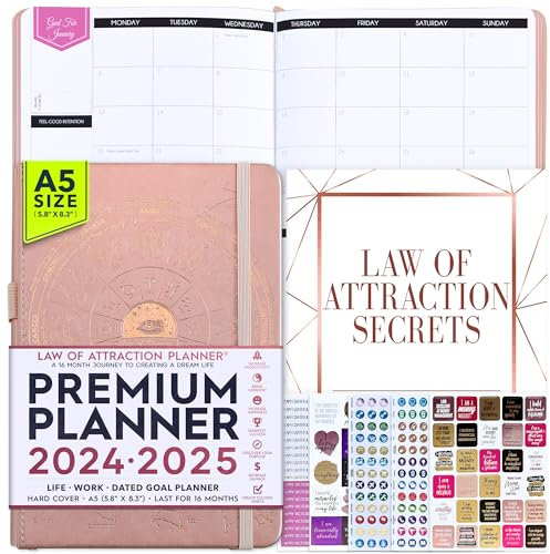 Law of Attraction Life & Goal Planner – A 12 Monate Journey Creating Your Dream Life – Persönliches Dankbarkeits-Tagebuch, Wochenerfolgsplaner, Vision-Tafel & Organizer + Planer-Aufkleber