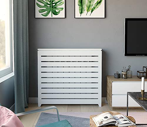 Greca Cache radiateur. Largeur : 124 cm. Finition laquée Blanc Mat. Dimensions extérieures (l x p x h) : 124 x 19 x 87 cm.