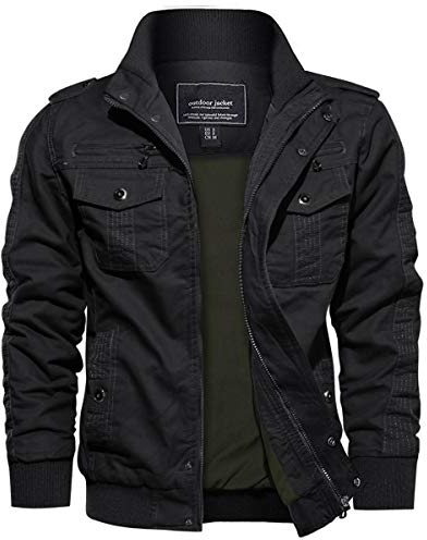 EKLENTSON Herren Übergangsjacke Frühling Cargo Jacke Arbeitsjacke mit Vielen Taschen (XXL, Schwarz)
