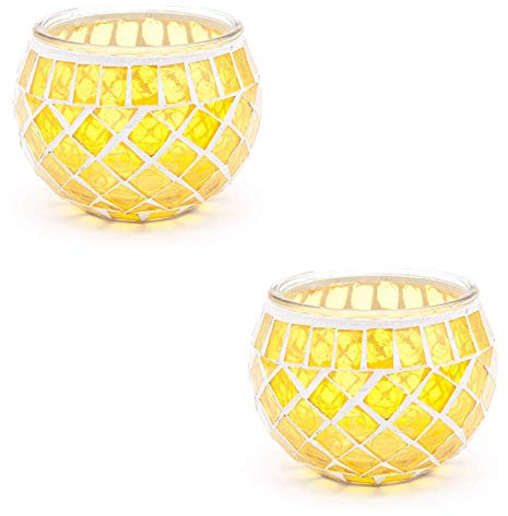 S4U Mosaic Glass Candle Holder Vintage Jar Tea Light Holders Romantic Tea Light Candle Holder Home Decoration with Upto 8 Hour Burn Tea Light Candles (Golden Yellow Twin Pack)