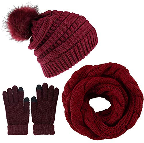 Yutdeng Damen Winter Warm Knit Mütze Hut Schal Handschuhe Set Touchscreen-Handschuhe Strick mit Kreis Loop Schal Fleece Gefüttert für Ski 3-in-1 Winter-Set(Weinrot,One size)