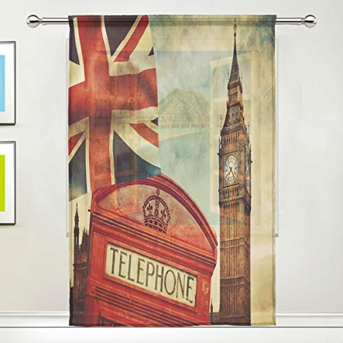 HMZXZ RXYY Voile Tüll-Fenstervorhang London Big Ben Union Jack Panel Vorhänge Küche Wohnzimmer Dekor Schlafzimmer Tür Büro 140 x 198 cm, 1 Panel