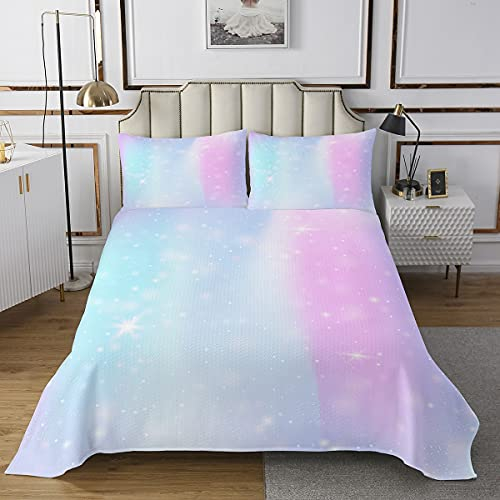 Loussiesd Galaxis Bettüberwurf für Mädchen Rosa Glitter Tagesdecke 170x210cm Mädchenzimmer Dekorativ Bunter Sternenhimmel Steppdecke Prinzessin Stil Wohndecke 2St