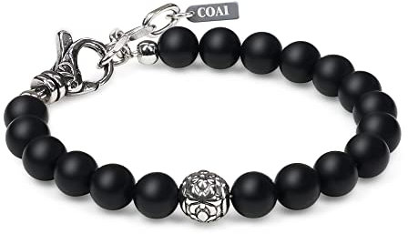COAI Bracelet Perle Onyx Mat Charm Fleur de Lis Acier Inoxydable Homme