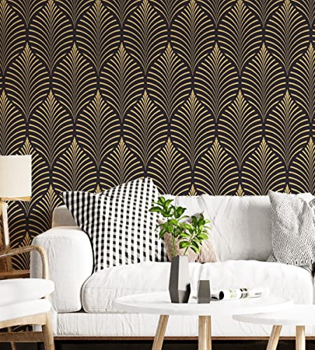 Myphotostation Gold Art Deco Removable Peel and Stick Wallpaper Leaf Wall Mural Black and Gold Wallpaper W 20 x H 124