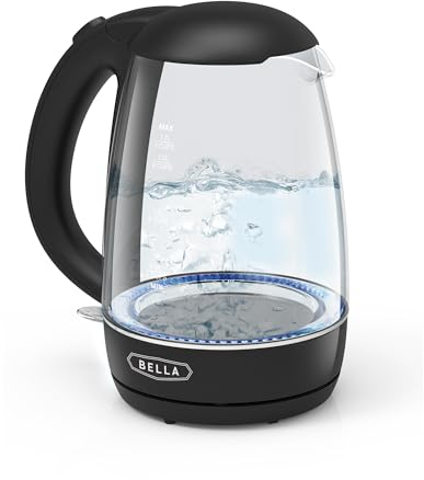 BELLA Bouilloire électrique, 1,7 l - Bouilloire en verre portable et sans fil avec éclairage LED changeant de couleur, fonction d’arrêt automatique et protection contre l’ébullition à sec, noir