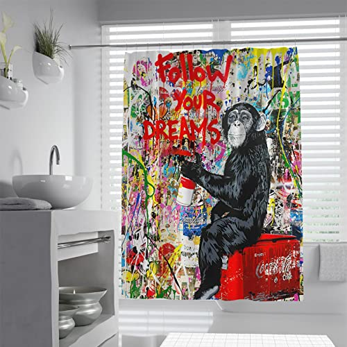 BYJING Art Banksy Duschvorhang, Graffiti-Kunst, Badezimmer-Duschvorhänge, Bedruckt, Follow Your Dreams, Vorhang-Set mit Haken, maschinenwaschbar, 180 W x 200 l