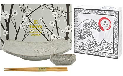 TOKYO design studio Gey Soshun Sushi-Set grün -weiß, 3-TLG., Sushi-Platte, Saucenschale, Stäbchen, asiatisches Porzellan, inkl. Geschenkverpackung und exklusiven Servietten
