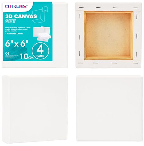 AUREUO 6x6 Inch Gallery Wrapped Canvas - 1.5 Inch Depth 4 Pack - 10 Oz Triple Gesso Primed 100% Cotton Square White Artist Canvases for Acrylic & Oil Paints