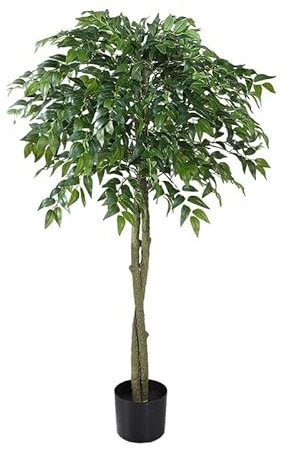 Artificial Tree 120cm Artificial Ficus Tree/Plant-Large Bushy Shape Black Plastic Pot, Green Bushy Ficus French Banyan with Artificial Umbrella