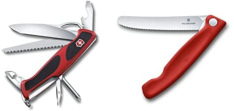 Victorinox, Taschenmesser, Ranger 78 M Grip, 130 mm, rot/schwarz & Swiss Classic Faltbares Gemüsemesser Wellenschliff rot