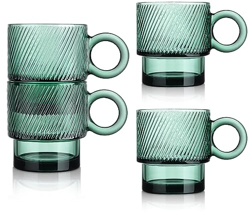 Joeyan 300ml Stackable Drinking Glasses with Handle, Emerald Green Coffee Mugs Set of 4, Colored Ribbed Glass Tumblers Glassware Set for Cappuccino Juice Beverages, Dishwasher Safe