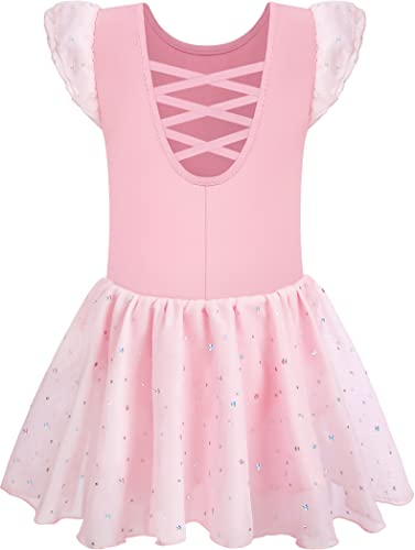 Mulnall Fille Danse Ballet Justaucorps Brillant Vêtements Manches Plissées Dos Croisé Robe de Ballet Enfants Robe de Danse Corps de Danse avec Jupe Tutu(UK4043-08-M)