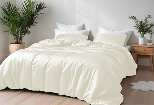 LINENWALAS Bamboo Bed Linen Set, Premium Bamboo Silk Duvet Cover Set with Pillowcase, 2-Piece Bedding Set, 155 x 220 cm Luxury, Soft, Cooling Quilt Cover (Ivory)