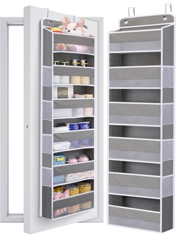 WishJazz Over the Door Storage Organiser, Anti Tilt 50lb Door Hanging Shelves With 6 Clear Window Pockets, Back of Door Hanging Storage Organiser for Pantry Nursery Bathroom Bedroom, toys