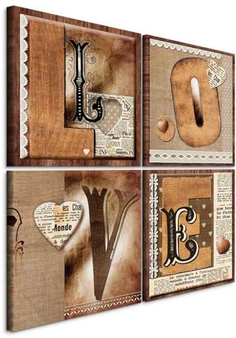 B&D XXL - Wandbilder Vintage Buchstaben Leinwanddruck 'LOVE' - Dekorative Wandkunst im Shabby Chic Stil, 4er Set auf Keilrahmen, Bereit zum Aufhängen, Wohnzimmerdeko