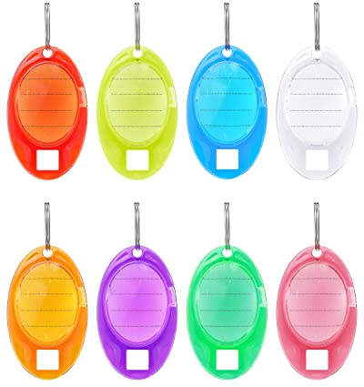 Uniclife 24 Pièces Porte Clef Étiquette Ovales Porte Clés en Plastique Coloré avec Étiquettes en Papier Lignées Fenêtres Transparentes et Anneaux Fendus Identificateurs d'Objets Robustes, 8 Couleurs