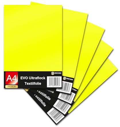 Evo Ultraflock Textilfolie für Plotter 33 Farben Flockfolie im Din A4 Format 30x20cm Plotterfolie für Stoff Kleidung T-Shirt Flock Folie Zubehör (5er Set, 034 Neon Gelb)
