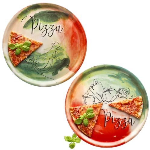 MamboCat 2er Set Pizzateller Gemüse & Öl I Ø 33 cm I für 2 Personen I große Pizzateller aus Porzellan mit Dekor & Schrift I für Pizzen oder zum Anrichten I XL-Speiseteller, Servierplatte