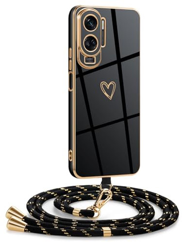 Mkej Coque pour Honor 90 Lite avec Cordon, Coque avec Collier Motif Coeur d'amour Silicone Galvanisé Housse, Réglable Amovible de Cordon Case pour Honor 90 Lite, Or Noir