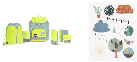 LÄSSIG 7-teiliges Schulranzen Set Kinder/School Set Flexy Unique blau/neon-gelb & Textilsticker einmalige Anbringung/Sticker Rub On Planet