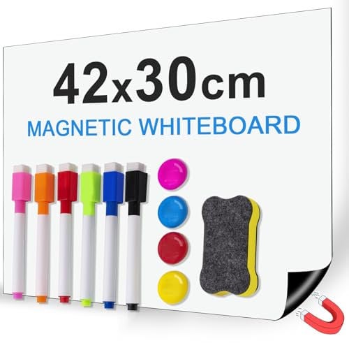 Ezigoo Magnetic Whiteboard for Fridge A3, Dry Erase Magnet White Board, Weekly Organizer & Memo Board, Whiteboard Magnetic with 6 Markers, 1 Eraser, 4 Magnets for Home and Office to Do List