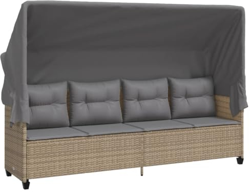 Makastle 4-Sitzer Sofa mit Dach und Kissen, Garten Schlafsofa Gartenliege Outdoor Sofa Couch Liege Sonnenliege Terrassenliege, Beige Poly Rattan