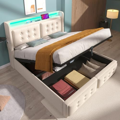 KUAKE Polsterbett 180x200cm, Doppelbett mit Stauraum und Lattenrost, LED Kopfteil mit USB Ladefunktion, Stauraumbett Funktionsbetten Rückenlehne Bettgestell, Baumwolle (Beige, 180x200cm)