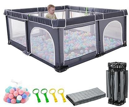 Faltbarer Baby-Laufstall, 150x180 cm faltbarer Laufstall für Babys und Kleinkinder, faltbares Baby-Aktivitätszentrum, tragbarer Spielhof mit 4 Handlern und 30 Ozeanbällen. (150X180 CM)