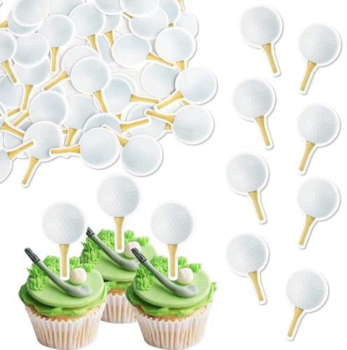 48 Pack Edible Cupcake Toppers - Sports Golf Ball Cupcake Picks for Birthday Party Cake Decorations