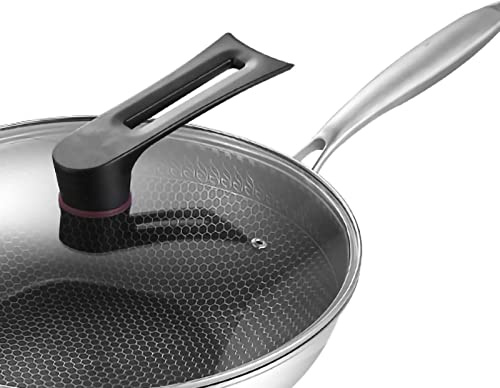 Wok, Wok-Pfanne mit Geschnitzter Mikrogravur, 3-lagiger Doppelseitiger Waben-Edelstahl-Wok für die Küche (34 cm (mit Abdeckung und Ohren))