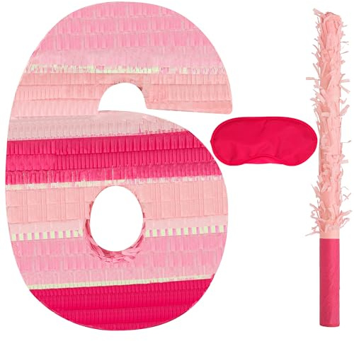 Birchio Rosa Zahlen-Piñata-Set mit Augenbinde und Fledermaus (41 x 28 x 10 cm), Piñata mit der Zahl 6, perfekt für Geburtstagsfeiern, Mädchenpartys und als Dekoration