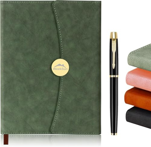 WEEKSUN Leder Notizbücher, Notizbuch A5 Mit Magnetverschluss und Stift, Notizbuch aus 100Gsm Papier Mit Horizontalen Linien Geeignet Für Schüler, Lehrer und Büroangestellte(Grün)