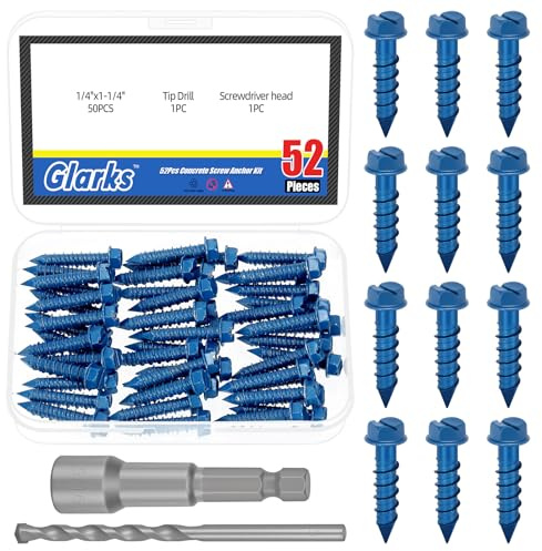 Glarks 52pcs 1/4 x 1-1/4 Schlitz Hex Waschkopf Betonschrauben Ankerkit, blaue Schwerlast Zementschrauben mit Bohrbutzen und Treiberbutzen zur Verankerung an Mauerwerk, Stuck