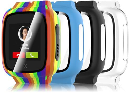 Simpeak 4-Stück Schutzhülle Kompatibel mit Xplora X5 Play Kids, PC Harte Hülle Kratzfest Gehäuse mit Gehärtetem Displayschutz Anti-Fall Schutz Zubehör, Transparent, Schwarz, Blau, Regenbogen