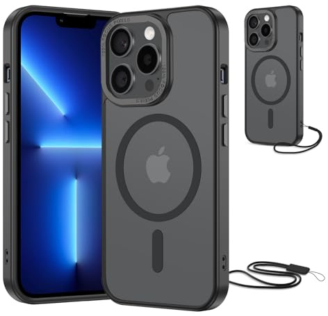 NEW'C Magnetic Case for iPhone 13 Pro Max (6.7 inches), Compatible with MagSafe Ultimate Shockproof - Powerful Magnetic and Military Protection - Matte Translucent Case with lanyard - Black