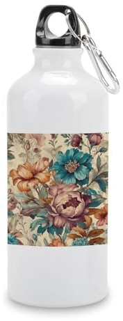 Borraccia sportiva in alluminio bianco, 600 ml, vintage, disegnata a mano, riutilizzabile, a prova di perdite, portatile, isolata, con moschettone, per bici, campeggio, viaggi