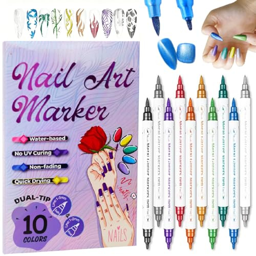 10 Colors Nail Art Pens Set - Metallic Nail Art Markers for Gel Nails, Double Tips 3D Gel Nail Polish Pens Set, Quick Dry Waterproof Graffiti Dotting Point Liner Pens for Painting, DIY Nails Art