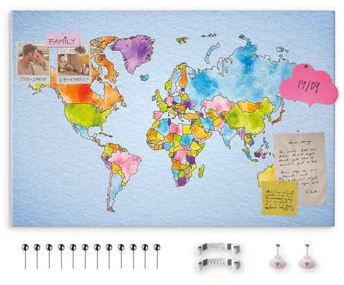 decomonkey Pinnwand Weltkarte zum Pinnen, 120x80 cm, farbige Karte | Leinwand, Wandbilder, Landkarte, XXL, Wanddeko, Korktafel, World Map, Groß, Komplettbilder im Holzrahmen, aufhängefertig