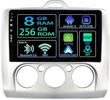 [8+256GB] 9 Zoll Android 15 Autoradio for Ford Focus Exi MT Mk2/Mk3 2004-2011 Radio Carplay Stereo Wireless Car Play GPS Auto Navi Bildschirm Navigation Player (Manual Air Conditioner)