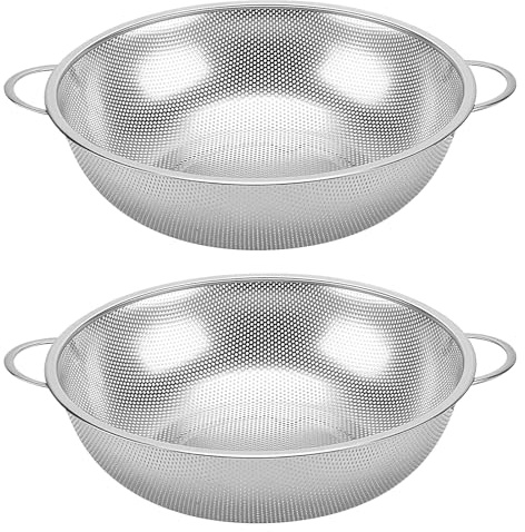TAICHEUT 2PCS Stainless Steel Colander 28.5cm, 5 Quart Large Metal Perforated Strainer with Handle and Base for Kitchen Pasta, Rice, Fruits
