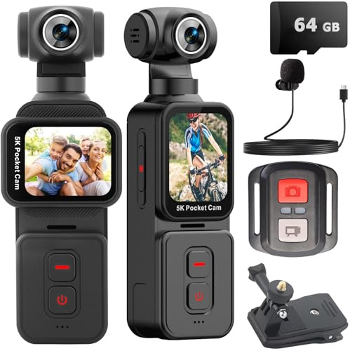 YONDENE Pocket Vlogging Camera 5K with Remote Control, 64GB Card | Vlog Action Body Cam with Face Detection, Automatic Rotating Lens, Rotatable Touch Screen, External Mic, Remote Control